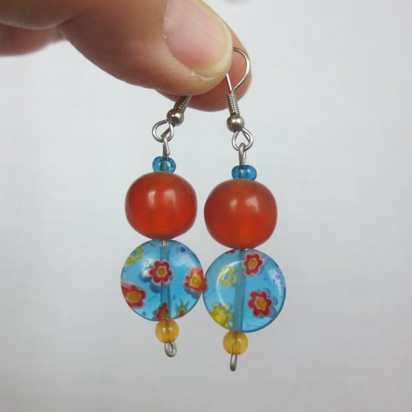 New Blue & Orange Hand Crafted Dangle Earrings - Picture 1 of 6